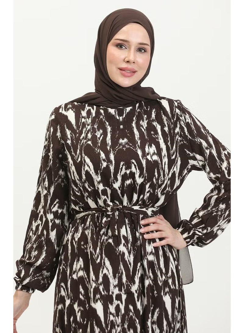 Sefa Merve Women's Viscose Patterned Belted Dress - Brown - Image 4